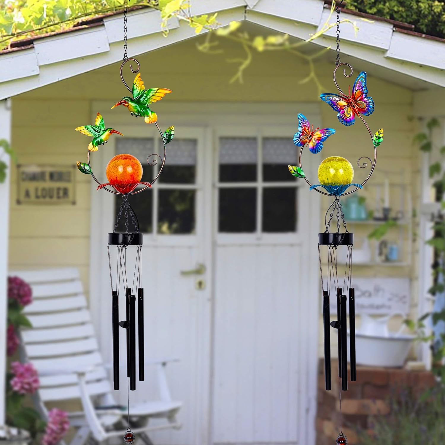MAGGIFT 2 Pack Solar Outdoor Wind Chimes, Metal Butterfly & Hummingbird Wind Chime with Warm White LED Globe Glass, Mobile Hanging Decorative Patio Lights for Yard Garden, Gifts for Mom Women Wife : Garden & Outdoor