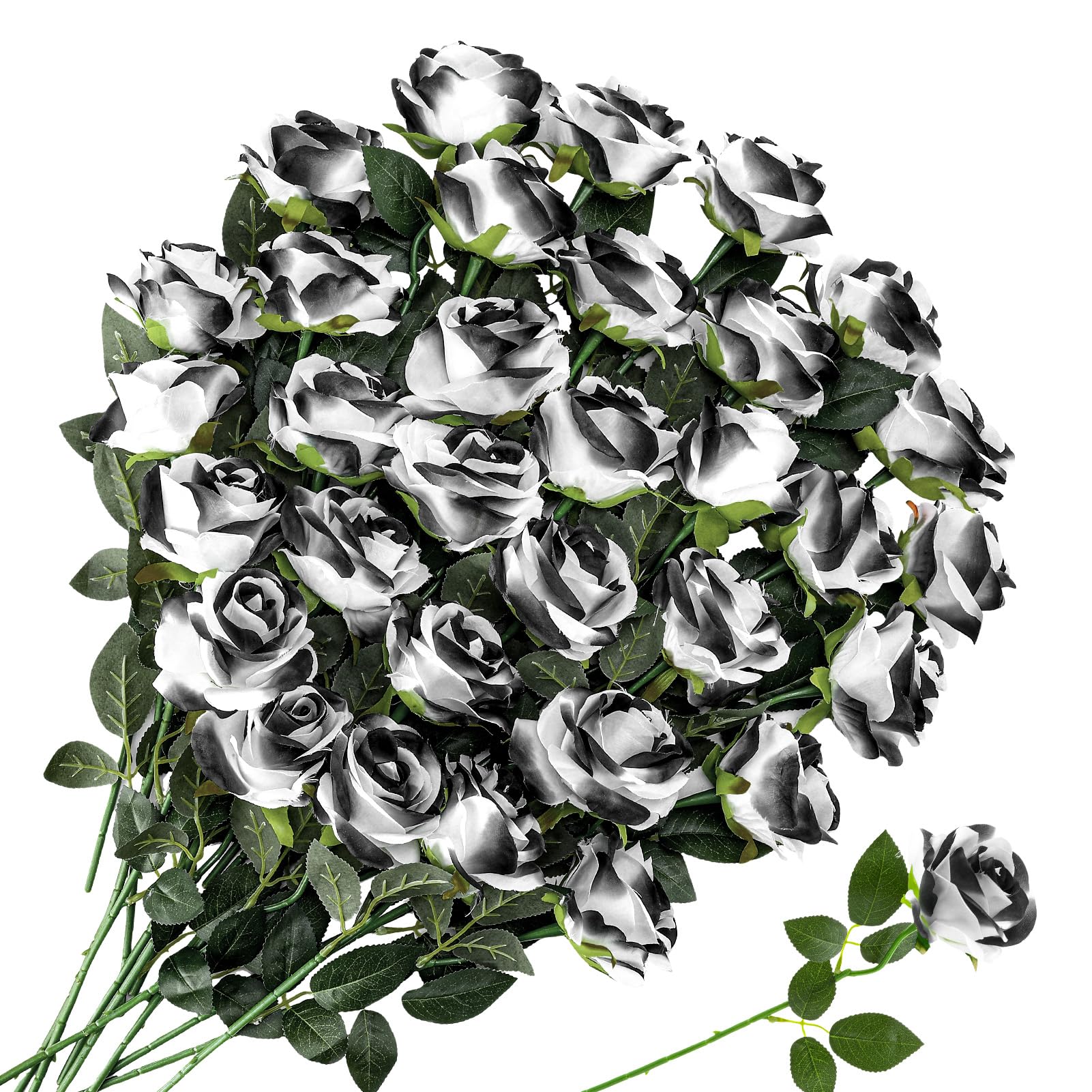 Photo 1 of Ovveroche 32 Pcs Black and White Artificial Flowers Roses Fake, Halloween Silk Flowers with Stems for DIY Wedding Gothic Bridal Shower Centerpieces Arrangements Tables Decorations