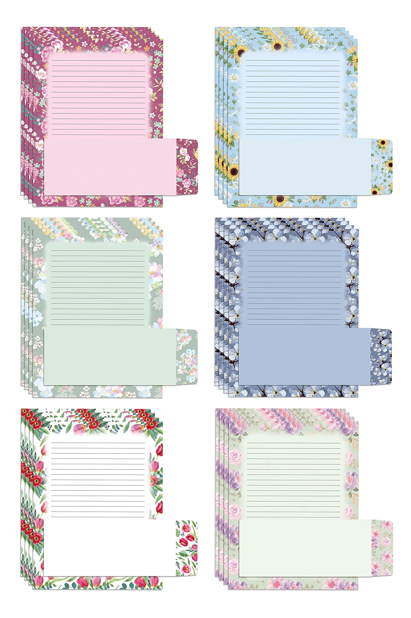 Better Office Products Briefpapier-Set, Blumenmuster, 100-teiliges Set (50 linierte Blätter + 50 passende Umschläge), doppelseitig/liniertes Druckpapier, von Better Office Products