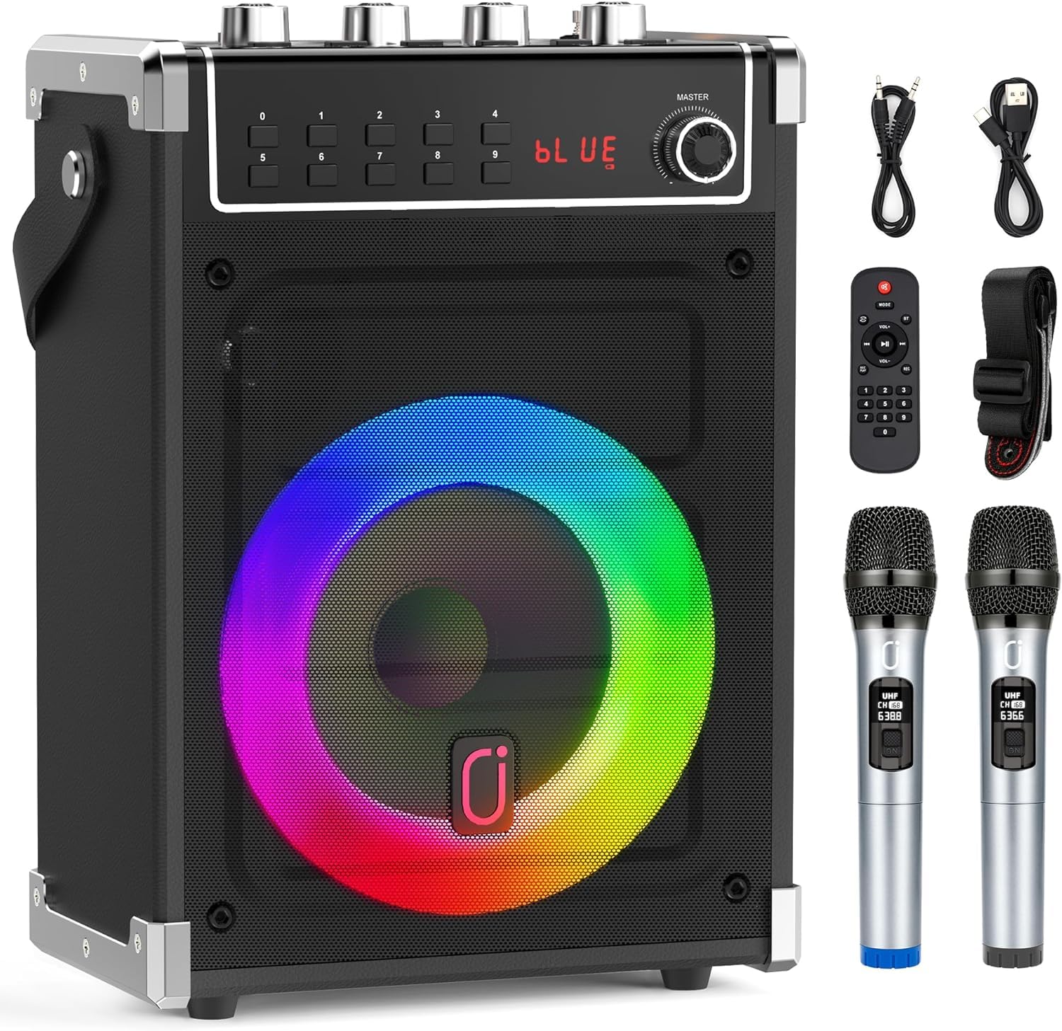 Photo 1 of JYX Karaoke Machine with 2 Wireless Microphones, Portable Bass/Treble Bluetooth Speaker with LED Light, Support TWS, AUX in, FM, REC PA System with Remote Control, Supply for Party/Adults/Kids