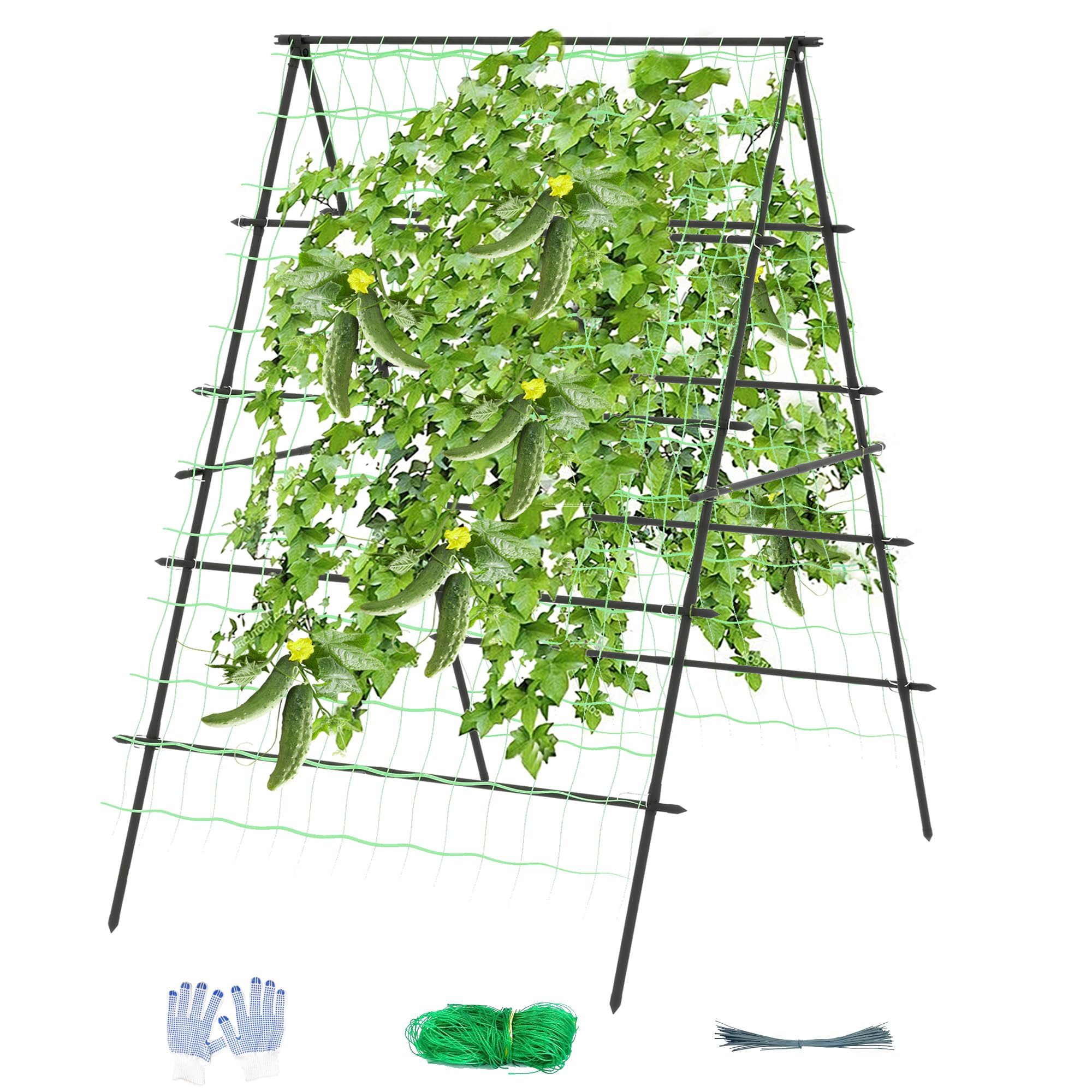 Photo 1 of Cucumber Trellis for Rasied Bed 31.5in x 68.9in, 6FT Garden Trellis for Climbing Plants Outdoor with Net, Gloves, Zip Ties, Foldable A-Frame Metal Trellises for Vegetable Tomato Squash
