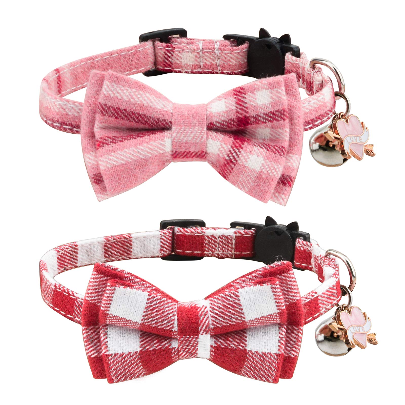 WANDIC Kitty Safety Plaid, 2 Packs Adjustable Cat Plaid Collar Valentine's Day Cat Collar Breakaway with Bow Tie and Bell Safety Release Buckle for Cats and Some Puppies