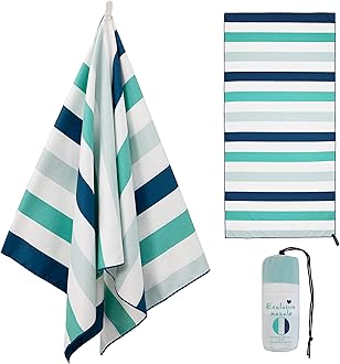 Exclusivo Mezcla Oversized Quick Dry Beach Towel, Microfiber Sand Free Cabana Stripe Pool Bath Swim Towel with Bag, Lightweight and Thin (Green, 35x70 Inches)