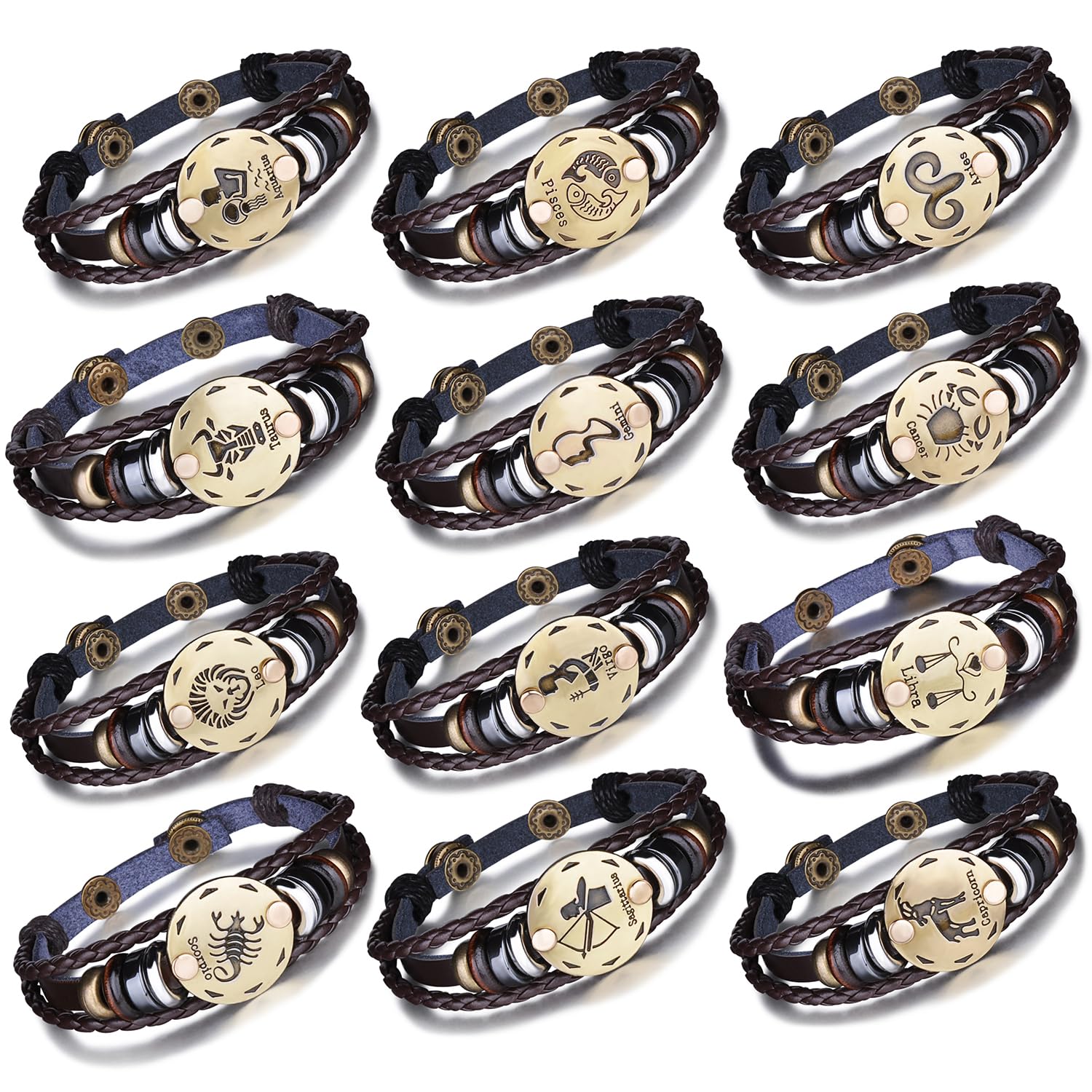 Infinite U Retro Punk Mens Womens 12 Constellation Zodiac Sign Bracelet Braided Leather Alloy Charm Bracelet Multilayer Wristband Bangle, gift for Birthday and christmas