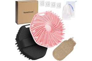 ManmiHealth 5 PCS Silicone Body Scrubber Shower Brush, Upgrade Super-Exfoliating Shower Scrubber with Non-Slip Hand Strap, Silicone Body Buffer Shower Mitt with Soap Bag Set(Black+Pink)