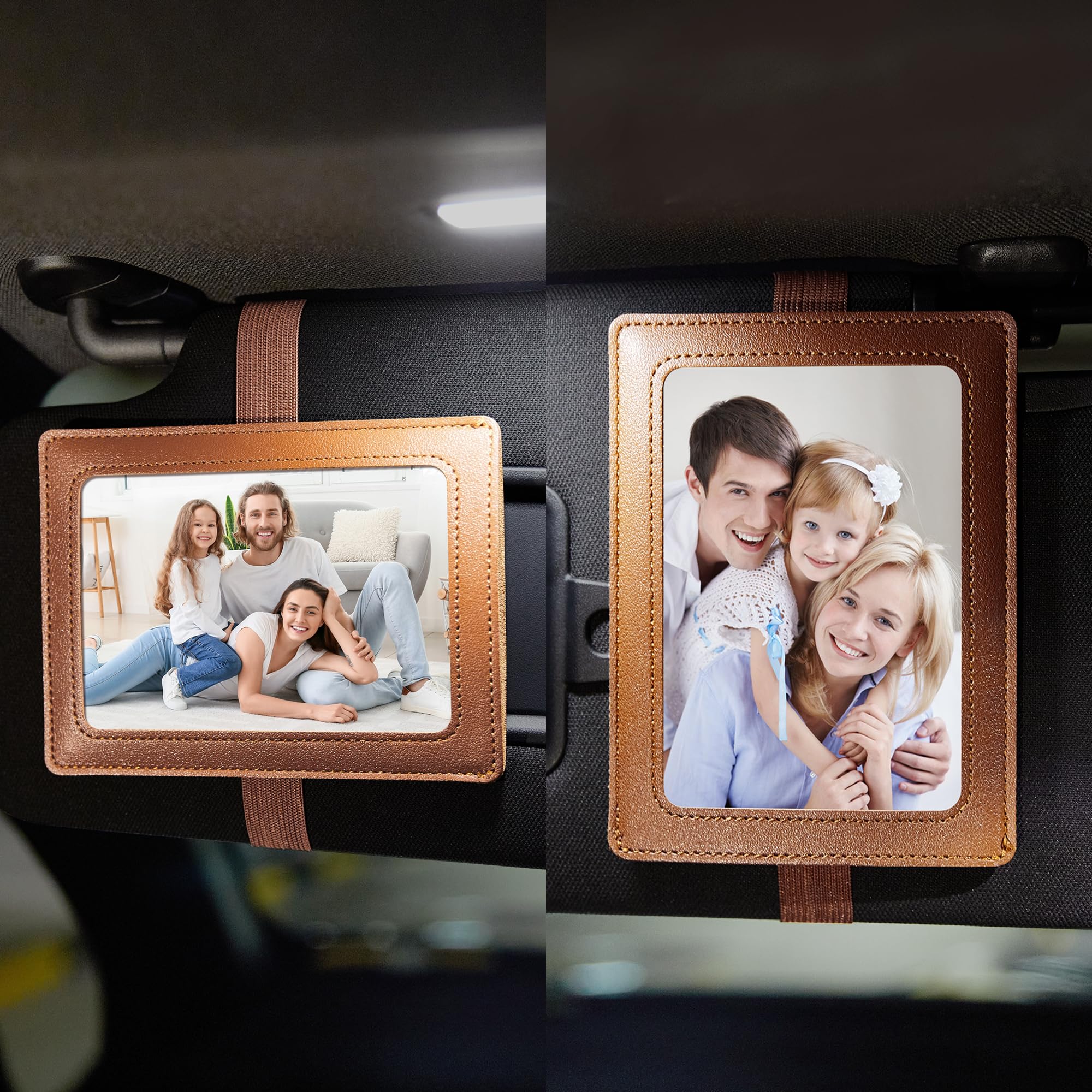 Photo 1 of 2 Pcs Car Picture Holder Artificial Leather Picture Frames Car Visor Clip Car Accessories Fits 5-inch Photo Frame - Displays Photographs Both Vertically and Horizontally Xmas Gifts for Father (Brown)