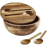 ECWAY Acacia Wooden Salad Bowl with Lid, Built-in Acacia Wood Utensils, 10.5" Large Wood Serving Bowls for Fruits, Salad, and Vegetables, Big Wood Salad Bowls Set 4-Piece, All-in-One Design