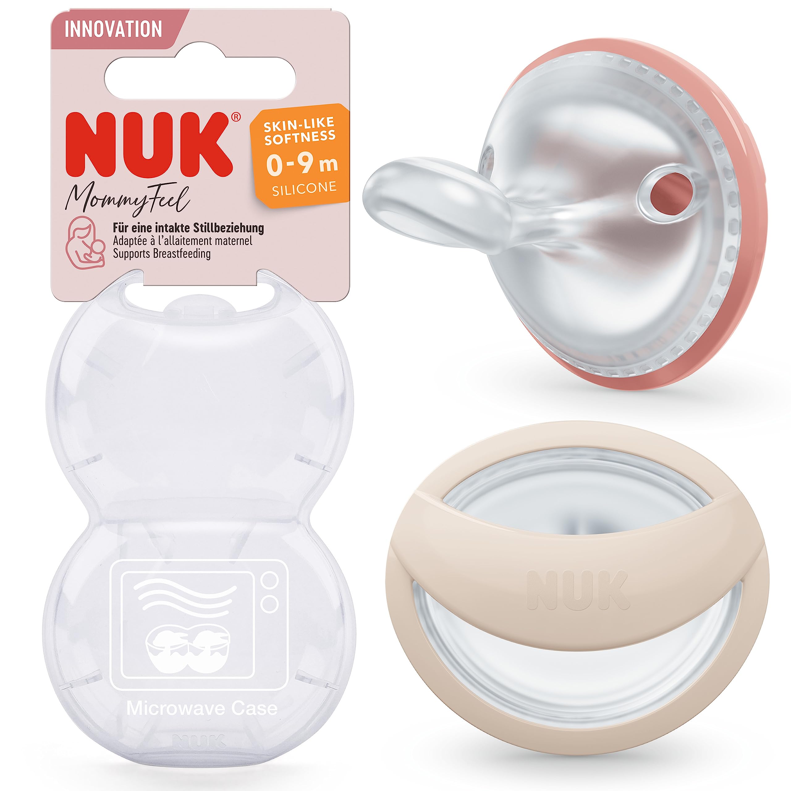 NUK MommyFeel Baby Dummy | 0-9 Months | Breastfeeding Friendly Soothers | BPA-Free Silicone | Blush & Sandstone | 2 Count