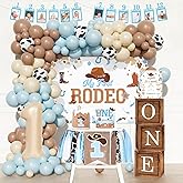 Hombae My First Rodeo Decorations Boy – 102 PCs Western Cowboy 1st Birthday Party Supplies Set with Backdrop, Blue Brown Balloon Garland, Photo Banner Highchair Banner, Poster, Boxes