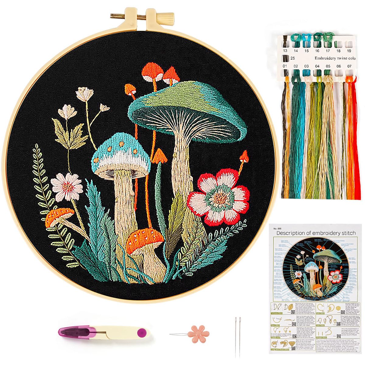Embroidery Starter Kit for Beginners Adults, Mushroom Cross Stitch Kit for Art Craft Handmade Sewing, DIY Full Range Stamped Needlepoint Embroidery Kit with Patterns Threads Needles Hoop Instructions