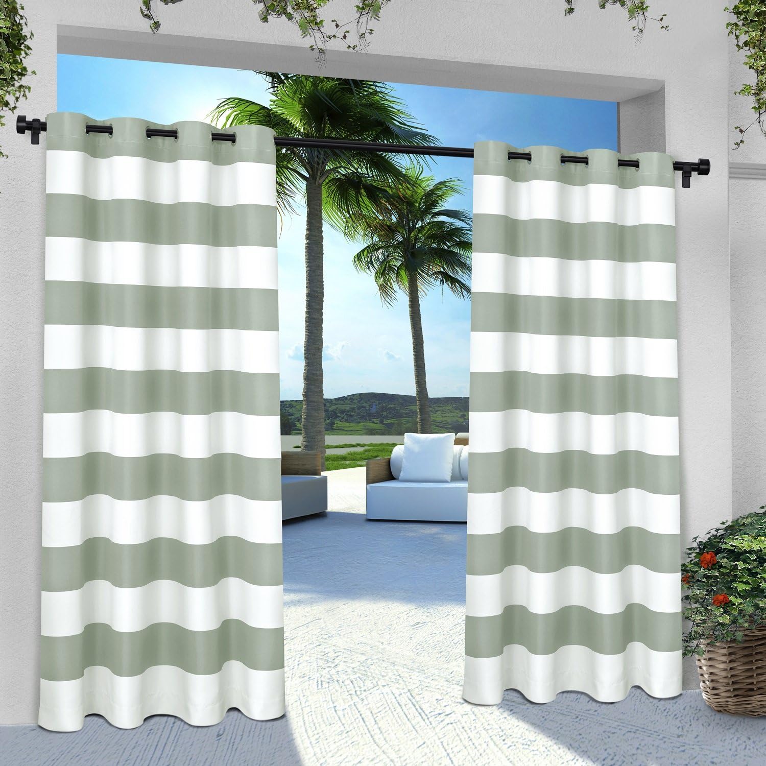 Exclusive Home Curtains Indoor/Outdoor Stripe Cabana Grommet Top Curtain Panel Pair, 54x96, Sea Foam, 2 Count