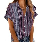 Mintreus Button Down Short Sleeve Shirts for Women V Neck Loose Roll Up Collared Shirt Casual Summer Tops with Pockets