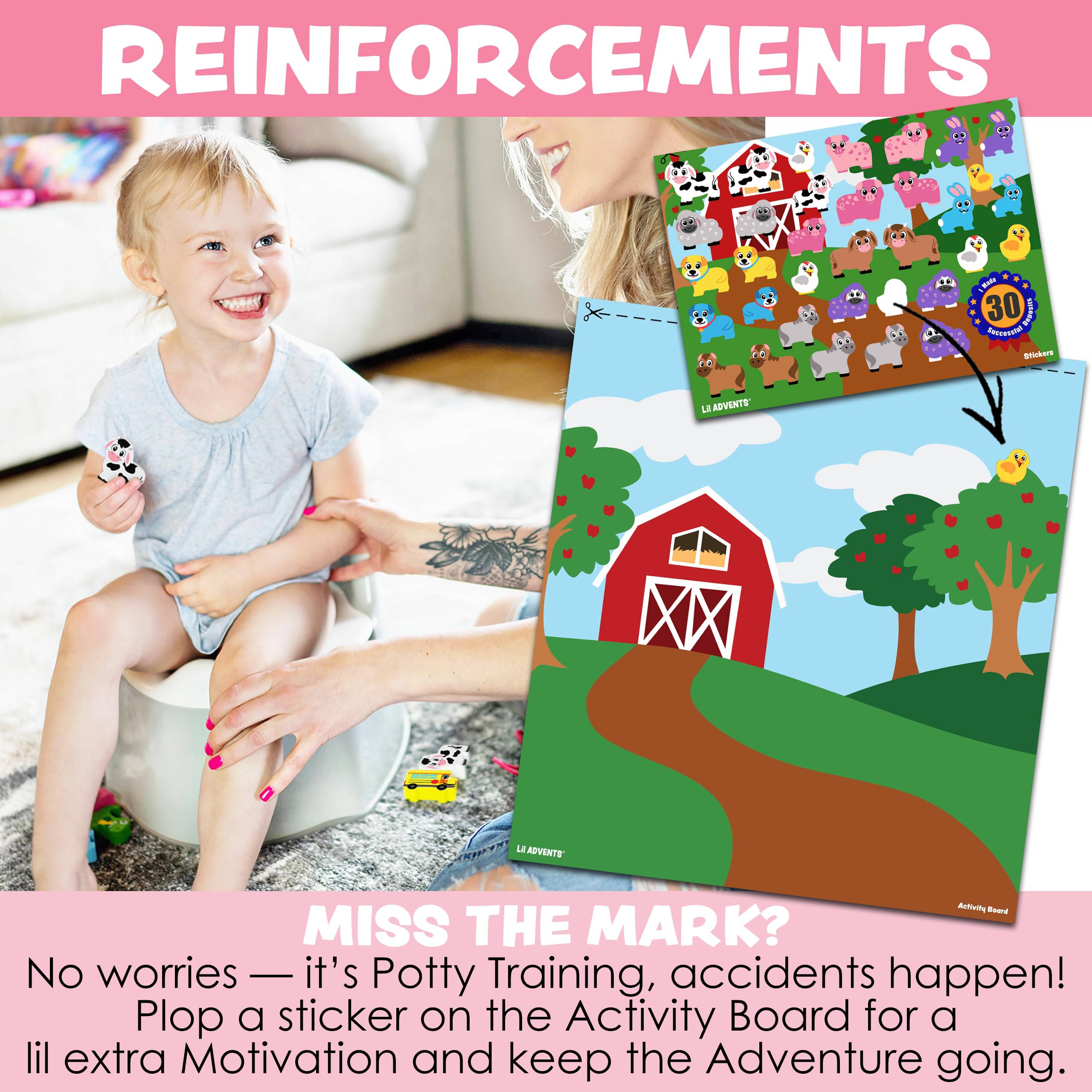 Potty Time Adventures Toddler Potty Training Chart by Lil ADVENTS - 14 Wood Blocks / Stacking Block Toys - Potty Training Advent Game - Behavior Reward Chart, Stickers & Activity Board - Farm Animals