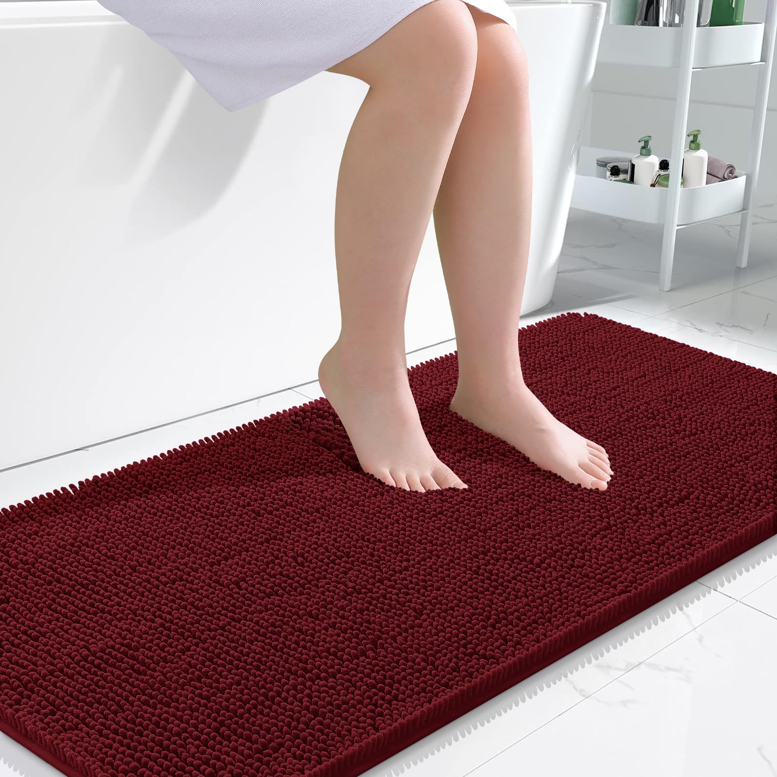 Photo 1 of OLANLY Bathroom Rugs 47x24, Extra Soft Absorbent Chenille Bath Rugs, Rubber Backing Quick Dry, Machine Washable Bath Mats for Bathroom Floor, Tub and Shower, Home Decor Accessories, Burgundy