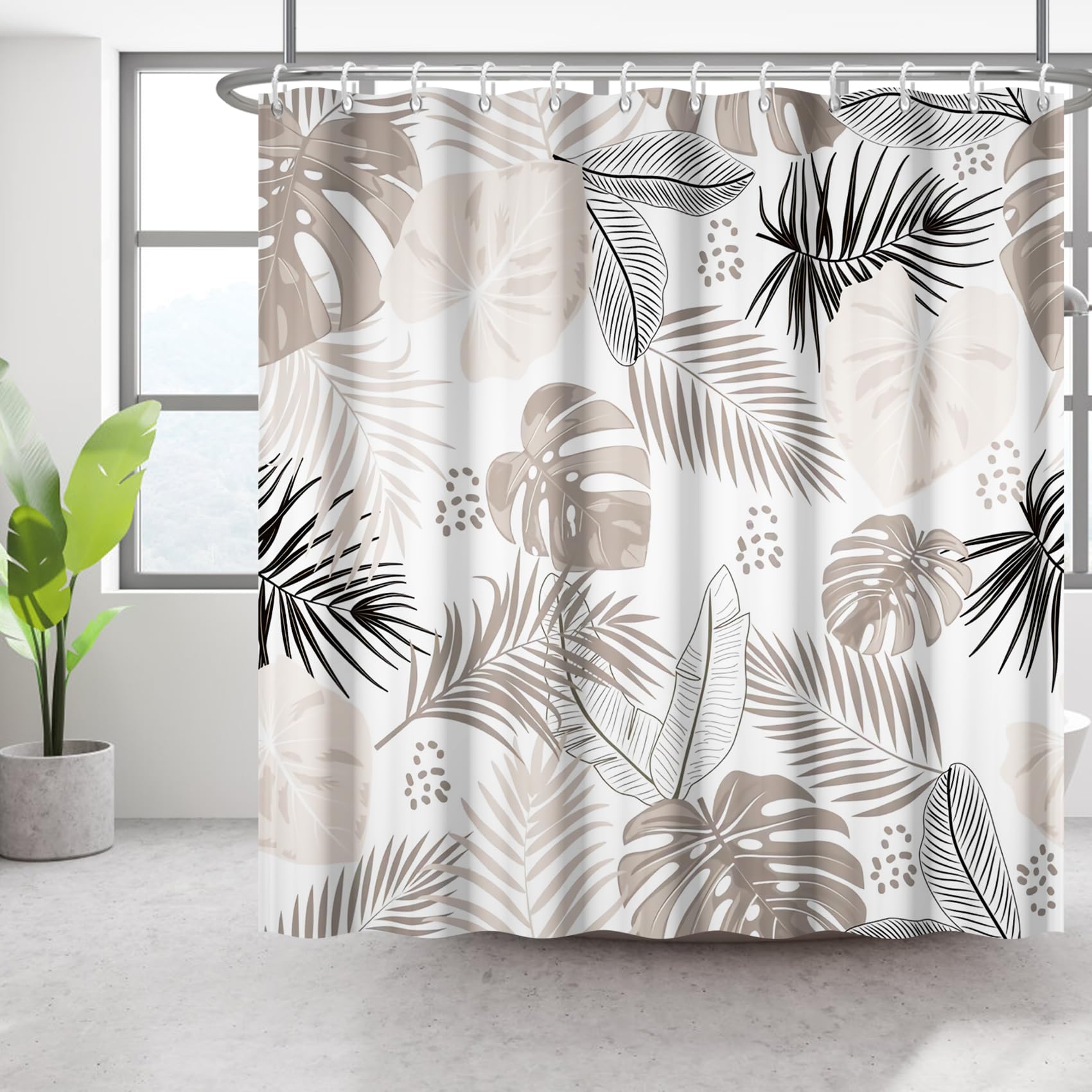 Bovlleetd 72x74inch Bohemian Bathroom Curtain Waterproof Abstract Art Shower Curtain Mid-Century Tropical Plant Shower Curtains Washable Bathtub Decorative Curtain with Hook — image 1