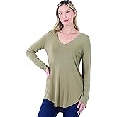 Zenana Luxe Rayon Long Sleeve V-Neck HI-Low Hem TOP Khaki S
