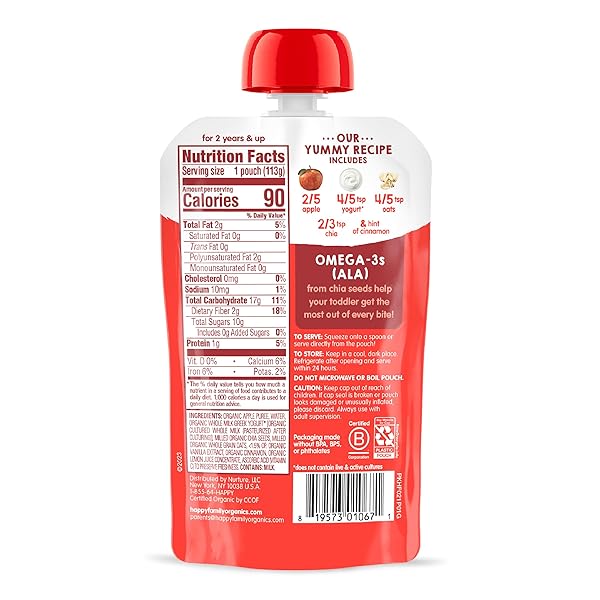HAPPYTOT ORGANICS STAGE 4 BABY FOOD POUCHES, GLUTEN FREE, SUPER MORNING FRUIT & OAT BLEND, APPLE, CINNAMON, YOGURT, OATS & CHIA, 4 OZ (PACK OF 8)