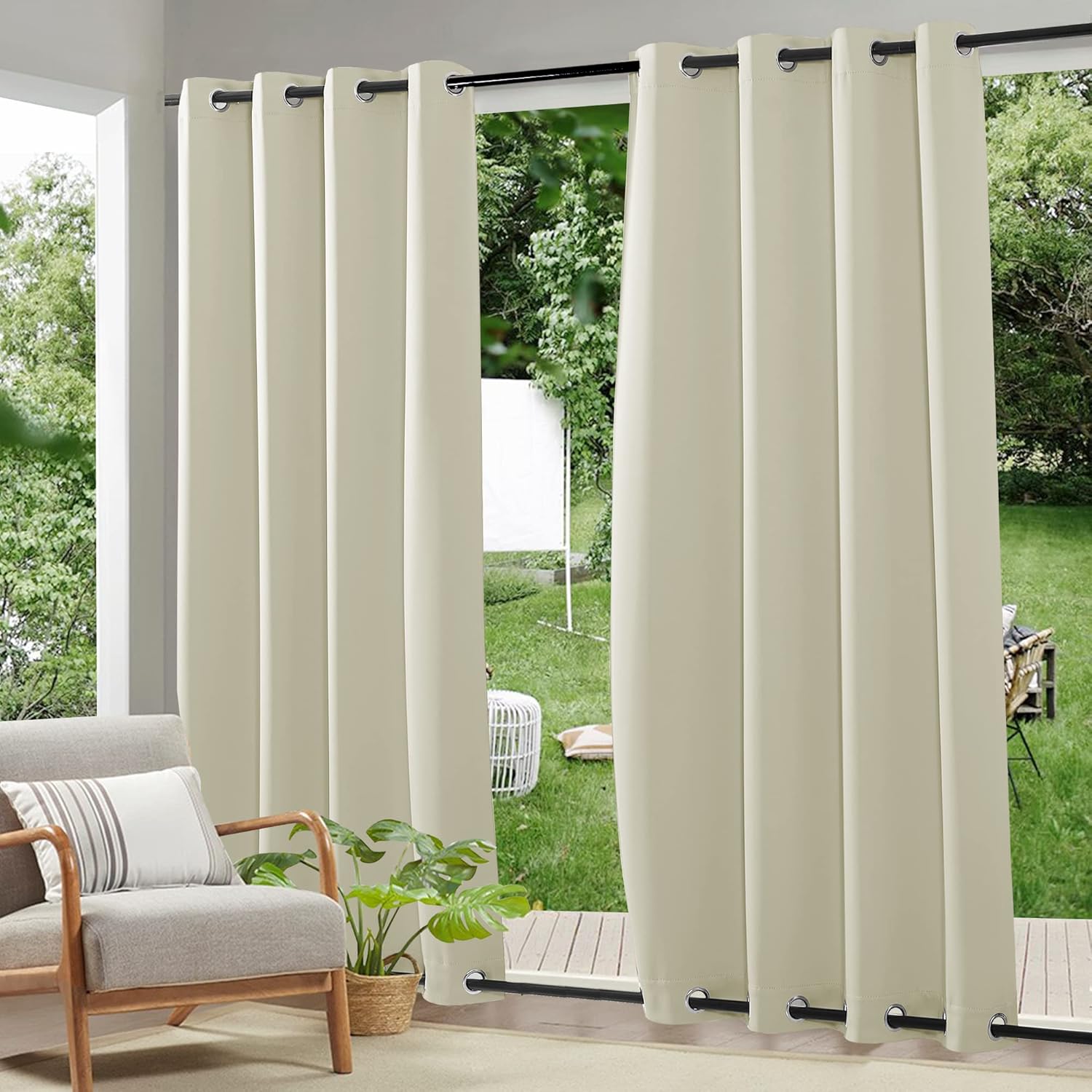 Outdoor Curtains - RYB HOME 2 Panels Windproof Outdoor Curtains for Porch, Blackout Shades Heat & Wind Block Water Repellent Heavy Duty Weighted Drapes for Beach House Sliding Door, Beige, W52 x L108