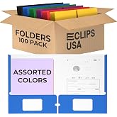 Folders with Pockets (100 Pack) 2 Pocket Folders Bulk, Assorted Colors Office Or School