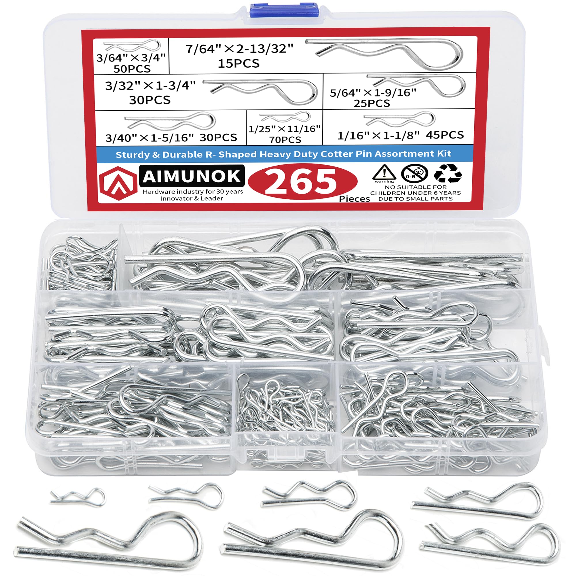AIMUNOK 265pcs R Shaped Spring Cotter Pins Fastener Assortment Kit, 7 Sizes, Metal Heavy Duty Zinc Plated Steel Hair Pin Set, Fastener Set for Automotive Marine Tractors Mower Carts