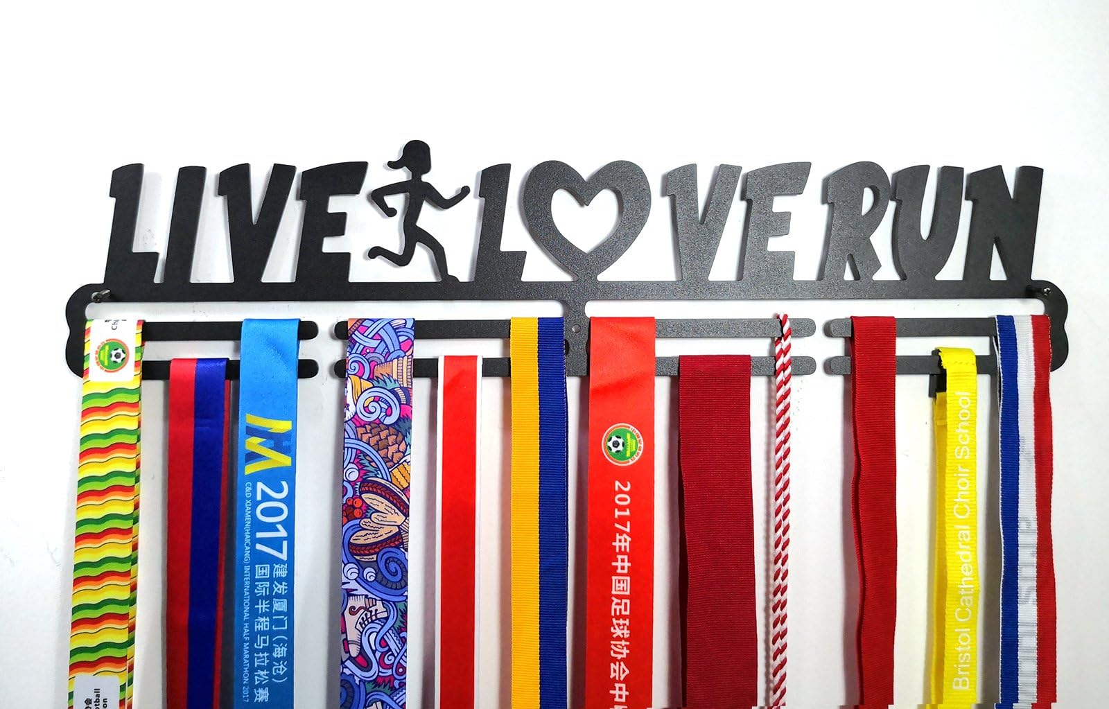 shangmaidianzi Sports Medal Holder Medal Hanger Display Live Love Run Running Metal Carbon Steel Two Tiers Professional Wall Mount Black