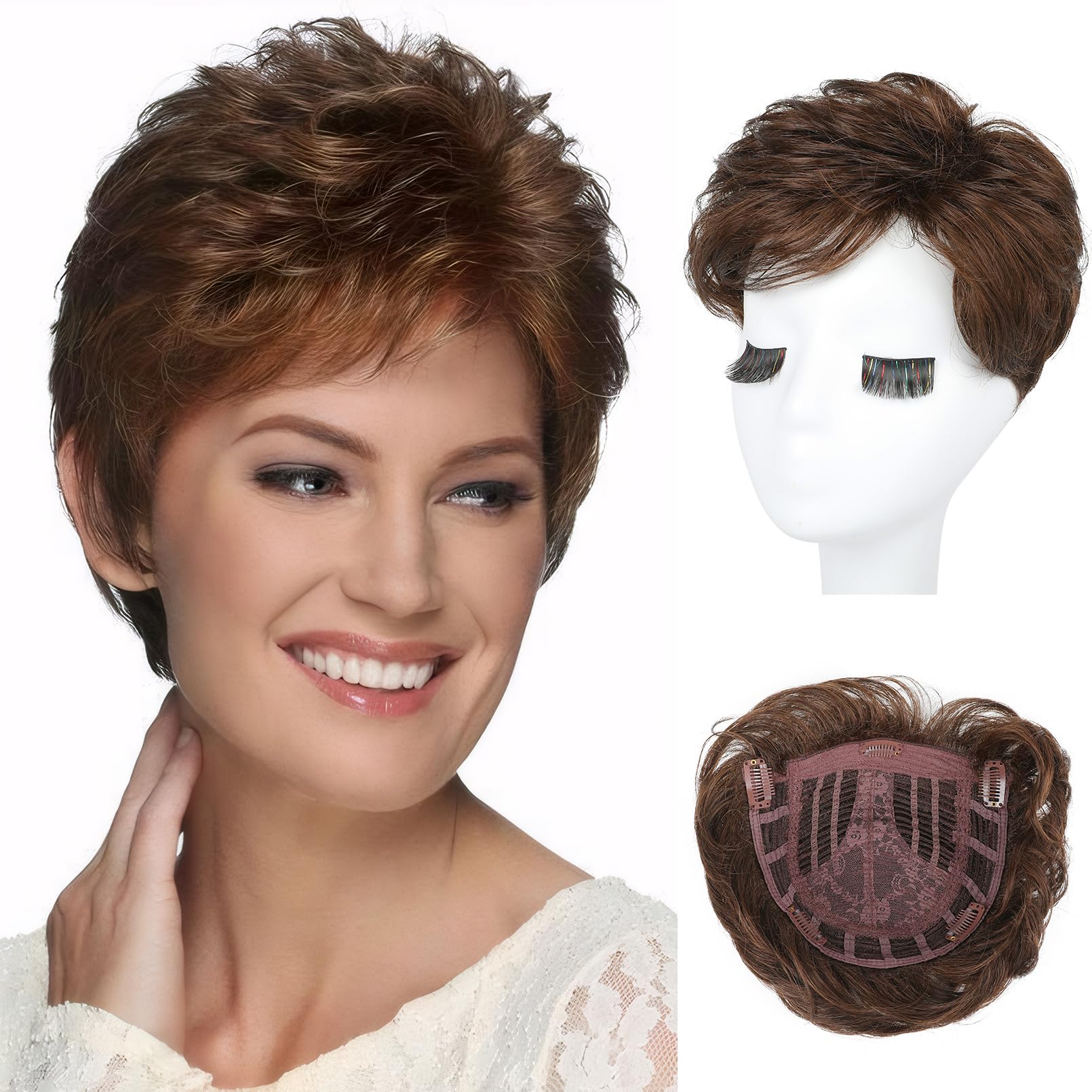 Photo 1 of REECHO Hair Topper for Women - 100% Japanese Revolutionary Fiber Short Toupee Wiglet Topper Hairpiece for Women with Thinning Hair Loss Lightweight Large Base - Chocolate Copper Brown