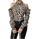 SweatyRocks Women's Leopard Print Cold Shoulder Long Sleeve Blouses Dressy Button Down Shirts