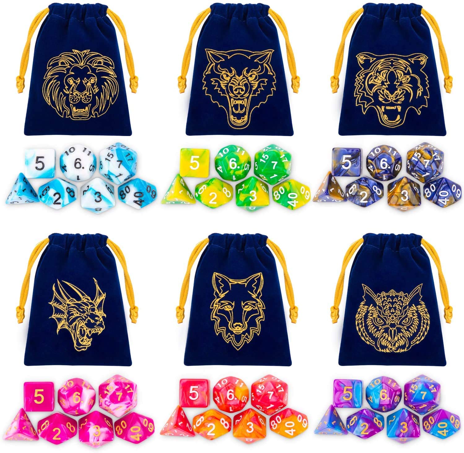 DND Dice Set, 42pcs Polyhedral Dice D&D Dice with 6 Blue Drawstring Bags, 6 Complete Double-Colors Dice Sets for Dungeons and Dragons RPG MTG Table Games etc