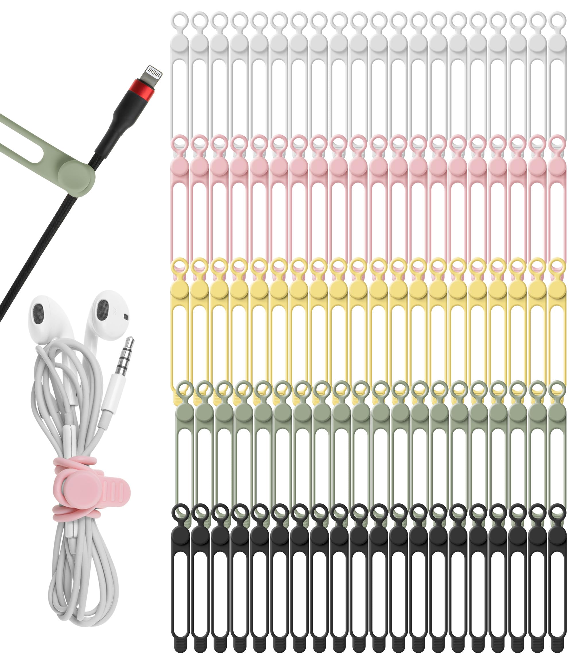 Nearockle 100Pcs Silicone Cable Ties, Cord Organizer Cable Management-Multi