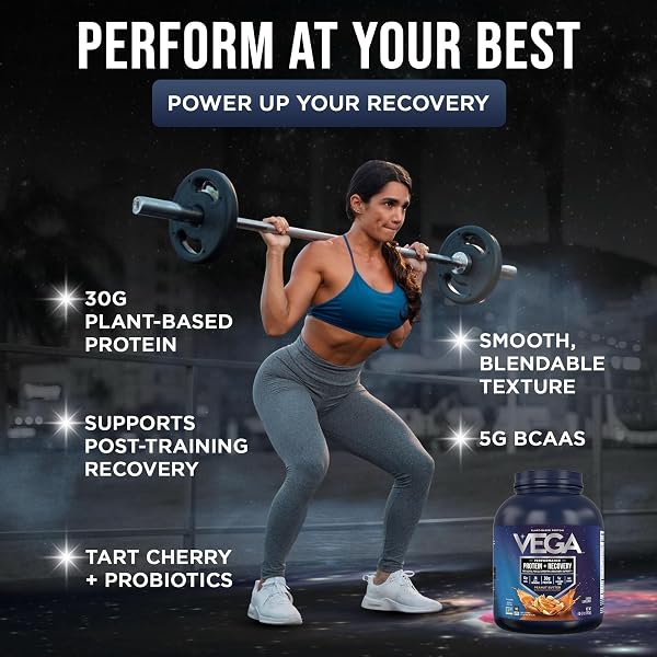 VEGA PROTEIN + RECOVERY, PEANUT BUTTER – 30G VEGAN PROTEIN, DAIRY & GLUTEN FREE, PROBIOTICS, NSF CERTIFIED, 67.2 OZ (45 SERVINGS)