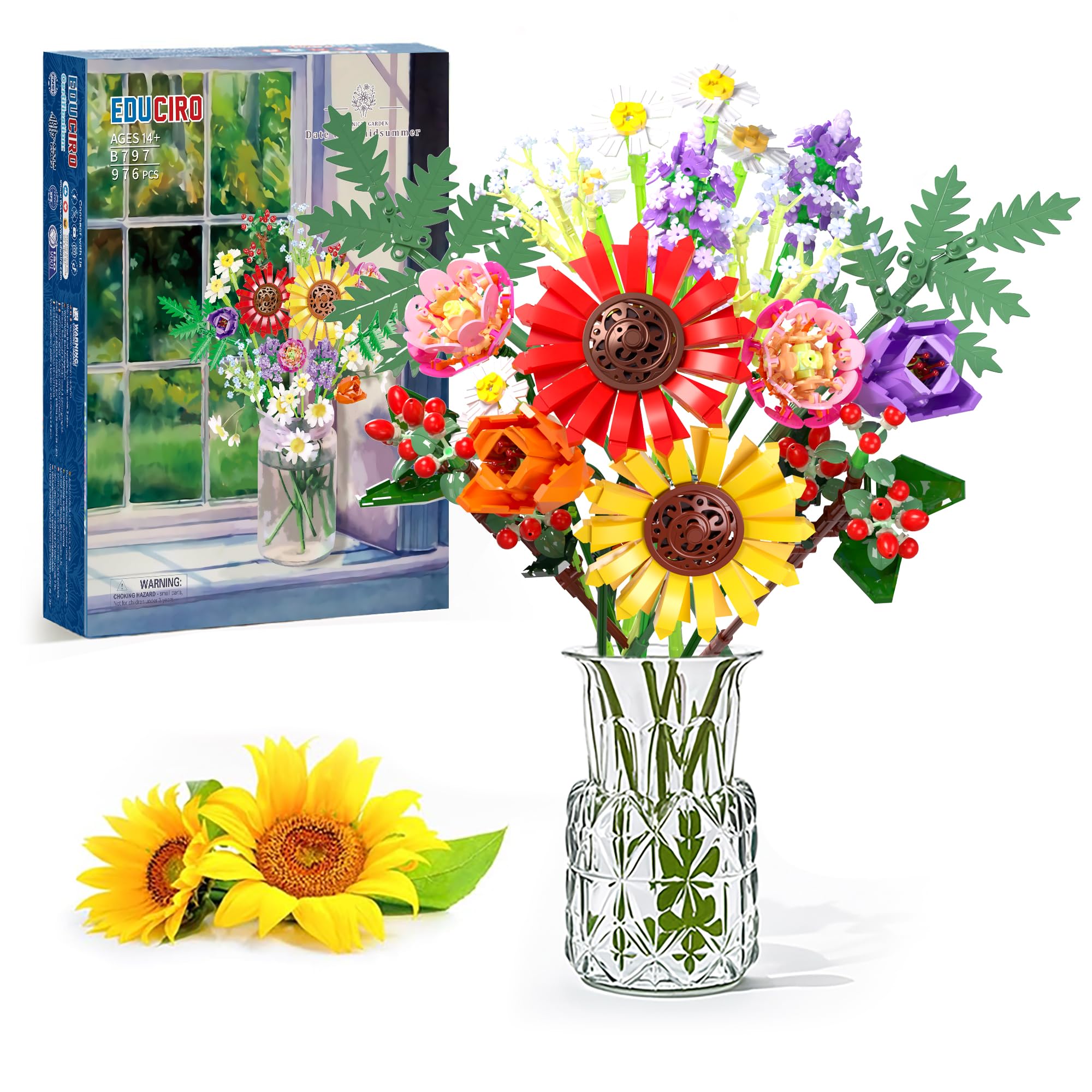 Photo 1 of Wildflower Flowers Bouquet Building Set, Sunflower Flower Botanical Collection Building Toys for Adults And Kids, Home Decor Gift for Mother's Day, Valentine Day, Birthday, Christmas Day - 976 PCS