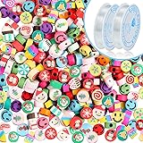 KOHOTA 300pcs Sunflower Smiley Face Beads Handmade DIY Y2K Beads Colorful Fruit Theme Loose Beads Spacer Charms with 2 Rolls
