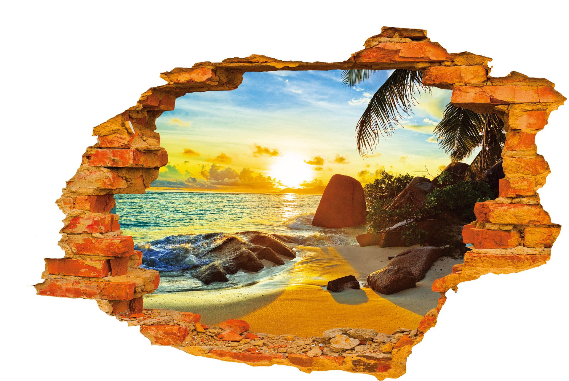 3D Sunrise Beach Sea Ocean Broken Wall Sticker Stone and Coconut Tree