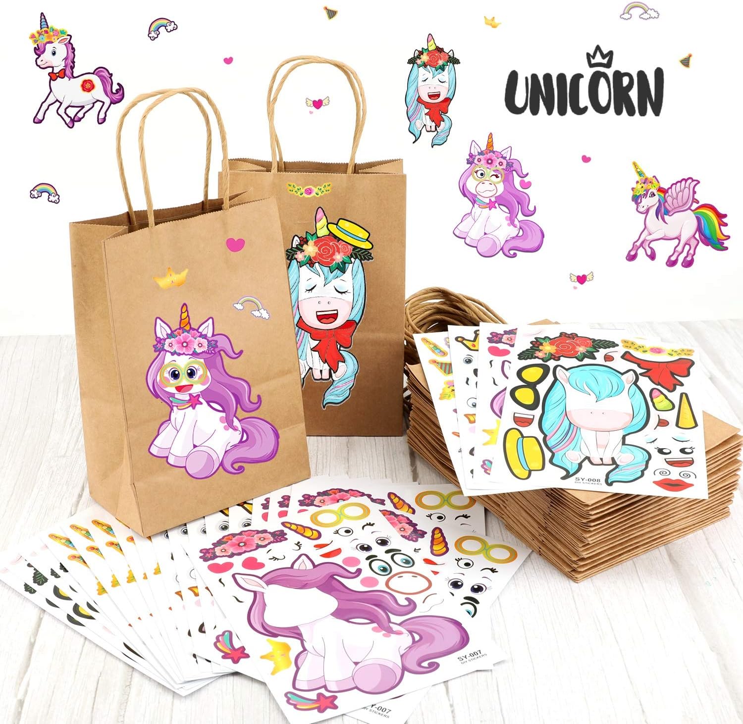 24 Pack Licorne Sacs De Cadeau Avec Autocollants Bricolage Licorne Papier Kraft Traiter Sacs De Licorne Avec Poignee Pour Enfants Artisanat Licorne Douche De Bebe Anniversaire Calendrier De Lavent Sacs Cadeaux Cuisine