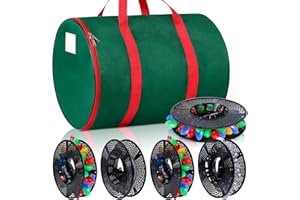 POILKMNI Christmas Light Storage Bag - Tear Proof 600D Oxford Fabric/Internal PVC Material with Reinforced Handles With 5 Reels Stores up to 500 Ft Holiday Mini Xmas Tree Lights & Extension Cords,Red Green