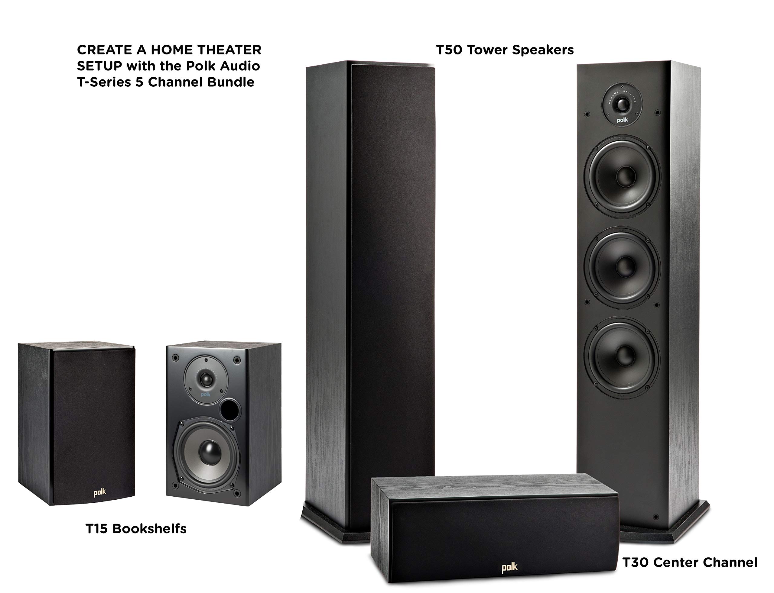 Polk Audio T Series 5 Channel Home Theater Bundle | Includes Two (2) T15 Bookshelf, One (1) T30 Center Channel & Two (2) T50 Tower Speakers | Premium Sound at a Great Value | Dolby and DTS Surround