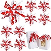 TONIFUL 8 Pack Red White Striped Curly Bows 4.5 Inch Christmas Bows Grosgrain Bows for Gift Wrapping, Treat Bags, Wine Bottle Decor, Weddings, Birthdays, Valentines & Holiday Decoration