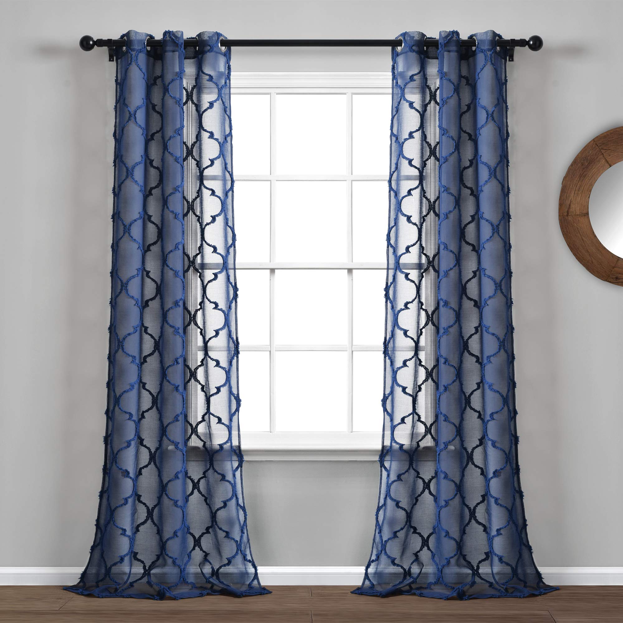 Lush Decor Avon Trellis Grommet Sheer Window Curtain Panel Pair, 95" Long x 38" Wide, Navy