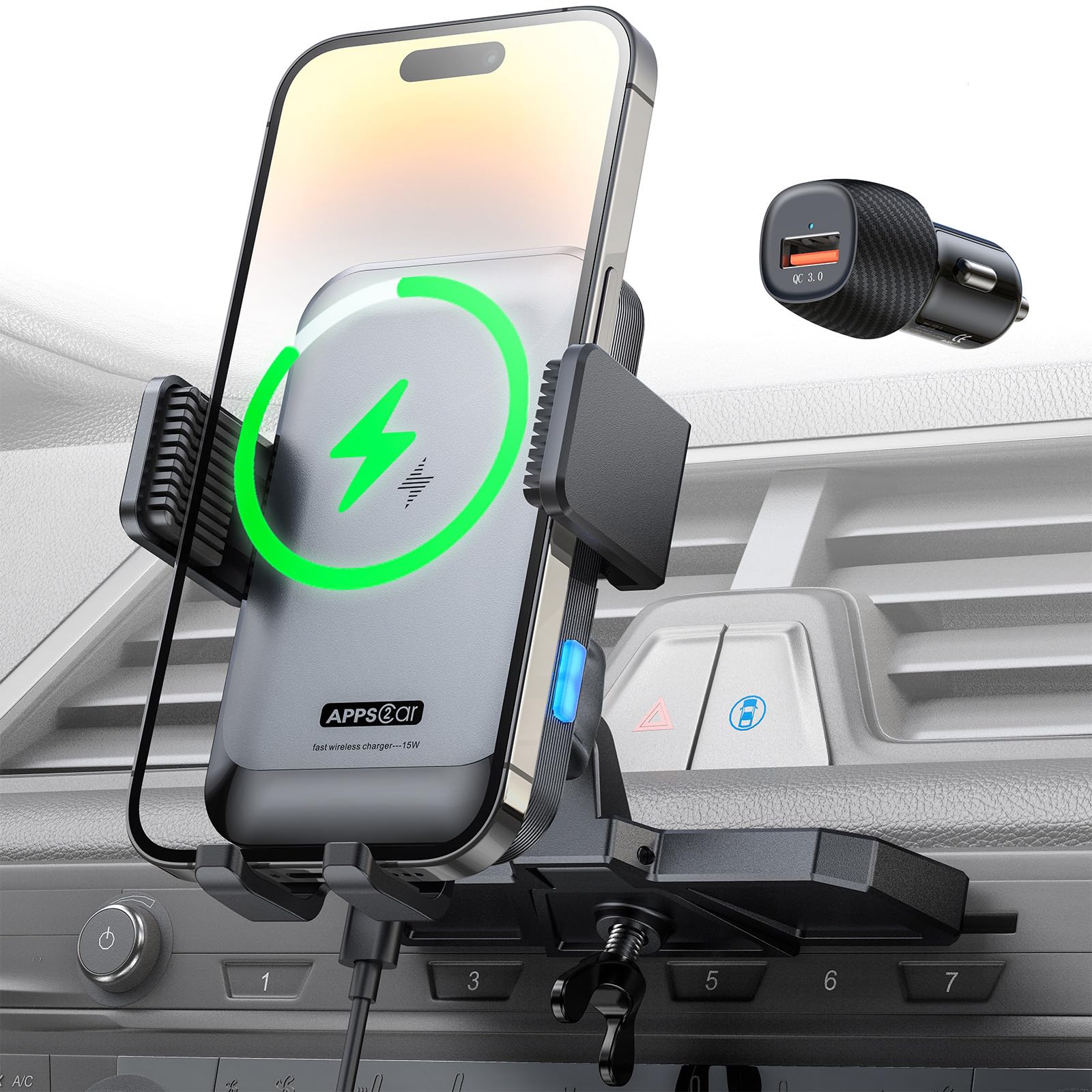 APPS2Car Wireless Car Charger Mount CD Slot Auto Clamping 15W Fast Charging CD Phone Holder for Car Wireless Charger Fit for iPhone 17 16 15 14 13 12 Pro Max, Samsung S25 S24, Google, LG etc.