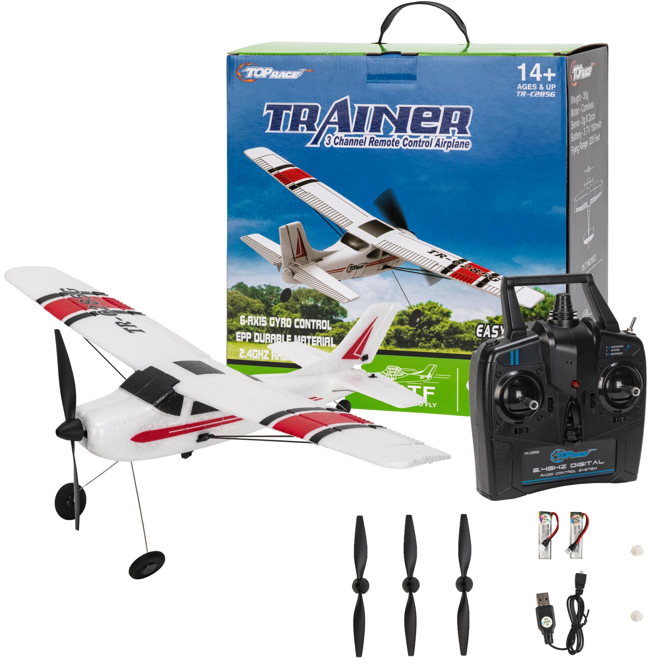 Photo 1 of Top Race Remote Control Plane - 3 Channel RC Airplane with Propeller Saver - Easy to Fly - Durable Construction - Suitable for Adults, Kids, and Beginners - Stylish Design in Red - 12.2x15.8 Inches