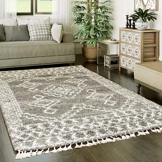 Super Area Rugs Tribal Mor01 Tapis Shag Morrocan à Pompons 5