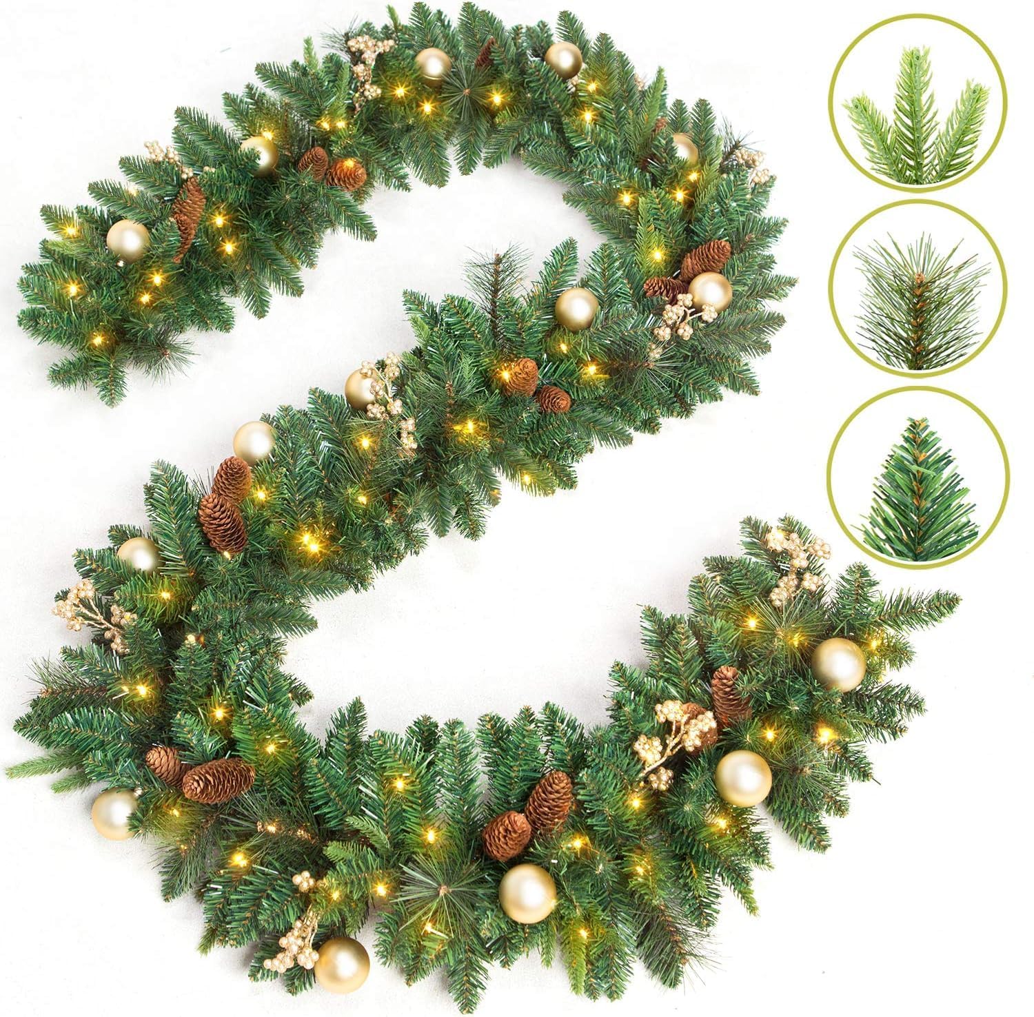 Wreaths, Garlands & Swags - KING BIRD 9 FT by 12 Inch Prelit Christmas Garland with 50 Warm Lights, Battery Operated Xmas Garland with Pine Cones and Timer, Front Door Mantle Garland Christmas Holiday Decoration Indoor Outdoor