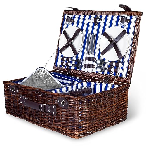 4 Person Wicker Picnic Basket | Deluxe Woven Willow Vintage Picnic ...