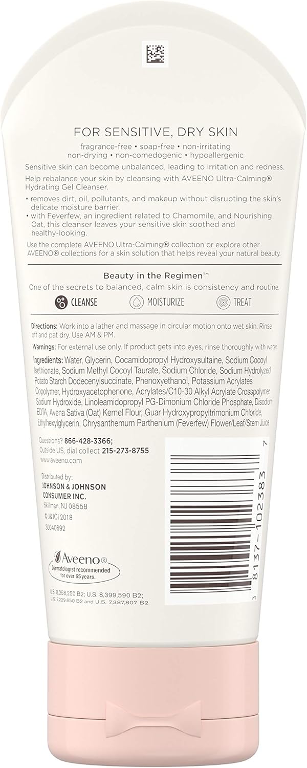 Aveeno Ultra-Calming Hydrating Gel Facial Cleanser with Calming Feverfew & Nourishing Oat, Daily Face Wash for Dry & Sensitive Skin, Hypoallergenic, Fragrance-Free & Non-Comedogenic, 5 oz: Beauty