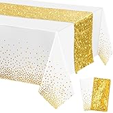 Irenare Tablecloth and Sequin Table Runner Set Polka Dots Confetti Table Cover Dining Plastic Tablecloths Glitter Decorations for Birthday Wedding Anniversary Party Supplies(White, Gold,2 Pcs)
