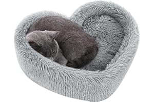LCYBEM Cat Beds for Indoor Cats - Heart Calming Cat Bed with Removable Washable Cushioned Pillow, Fits Cats up to 30 lbs or Puppy Bed for Small dogs, Faux Fur Self Warming Pet Bed Non-Slip Cat House, Grey
