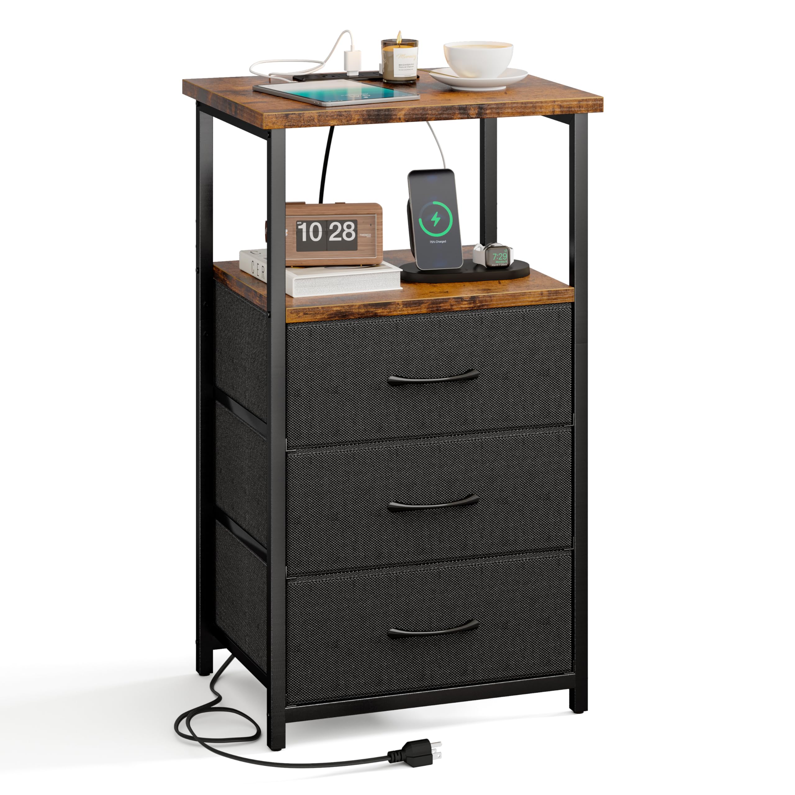 Fixwal Nightstand with Charging Station, Night Stand with Fabric Drawers, Bedside Table for Bedroom, End Table with Storage, Rustic Brown and Black