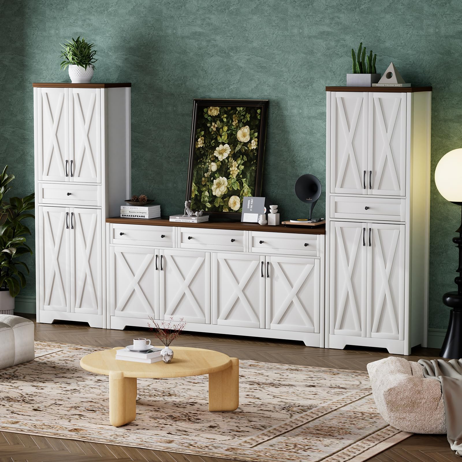 Photo 1 of **ONLY ONE OF 3 BOXES**Lyromix 3 Pieces Sideboard and Pantry Set with Storage, Brown Farmhouse Wall Unit Entertainment Center, Large Kitchen Sideboard Buffet Pantry Cabinet with Drawers