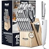 Huusk Kitchen Knife Set with Block & Built-in Sharpener - 15pcs Japanese Stainless Steel Knife Block Set, Dishwasher Safe, Sharp Professional Chef Sets for Kitchen, Home-warming Gift for Men
