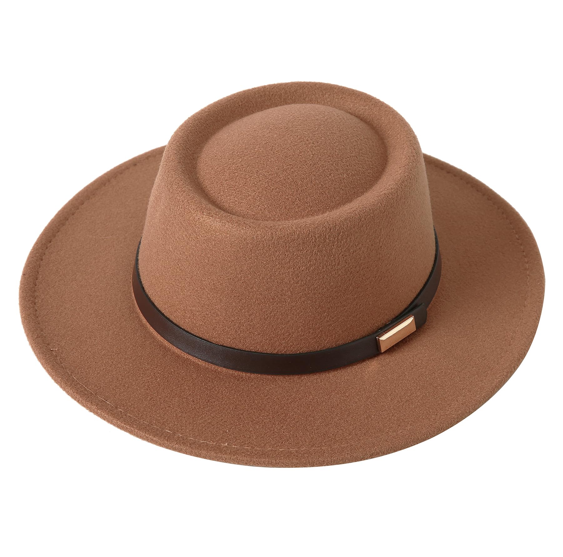 Photo 1 of Lanzom Women Vintage Wide Brim Warm Wool Fedora Hat Belt Panama Hat Felt Jazz Hat (A-Khaki, Medium)